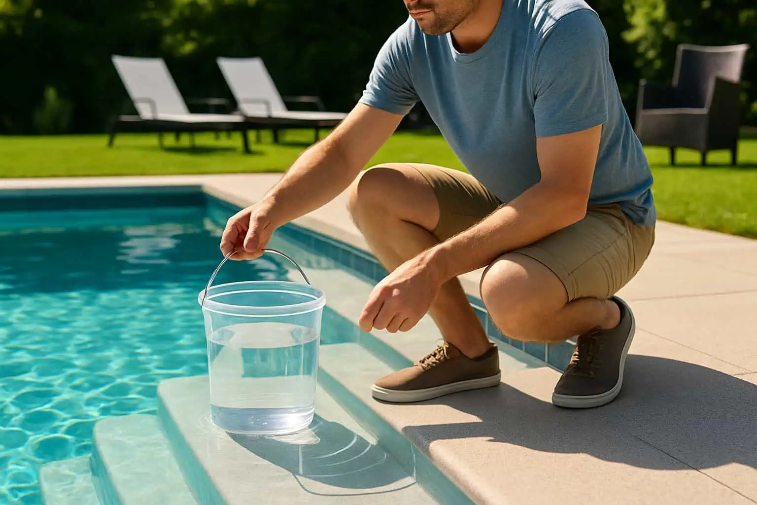 Person placing a bucket filled with water on pool steps to check for a leak in a backyard swimming pool.
