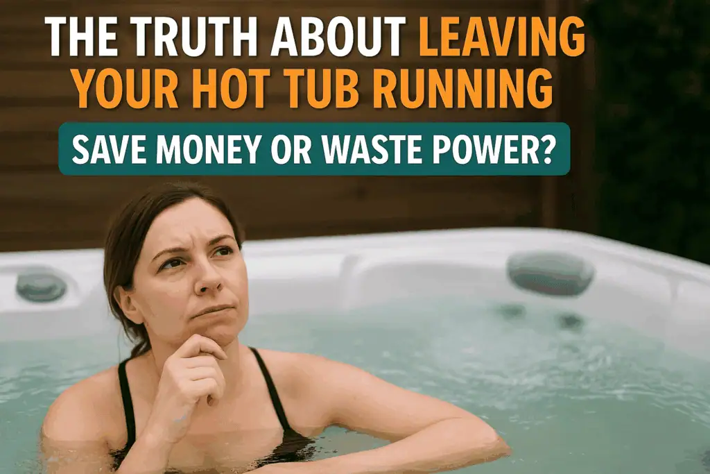 a woman in her 30s lounging in the water in her hot tub pondering, with the heading above in bold, coloured text "The Truth About Leaving Your Hot Tub Running" with "Save Money or Waste Power?" immediately underneath a contrasting coloured block