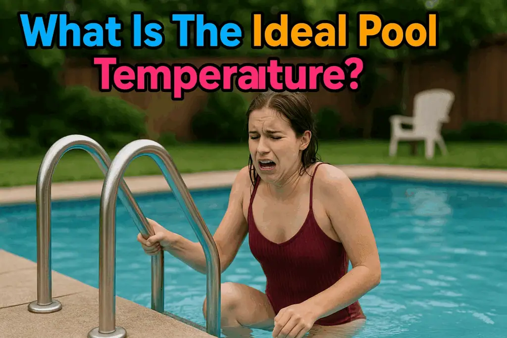a young woman getting into a backyard swimming pool and finding it cold with the heading at the top in bold colourful text "What Is The Ideal Pool Temperature?"