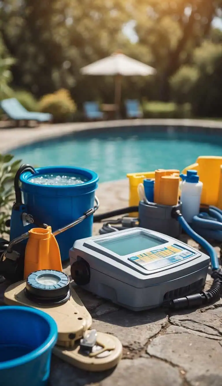 A pool surrounded by various maintenance tools and supplies, such as a pool skimmer, vacuum, and chemical testing kit. A maintenance schedule posted on the wall