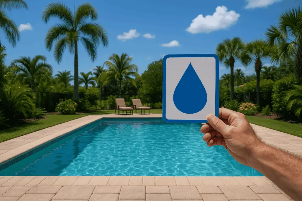 Florida Pool Water Conservation Tips with a man holding a card in front of a pool