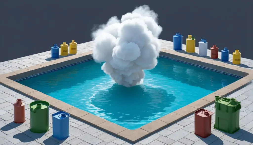 A pool surrounded by empty chemical containers, with a cloud of noxious fumes rising from the water