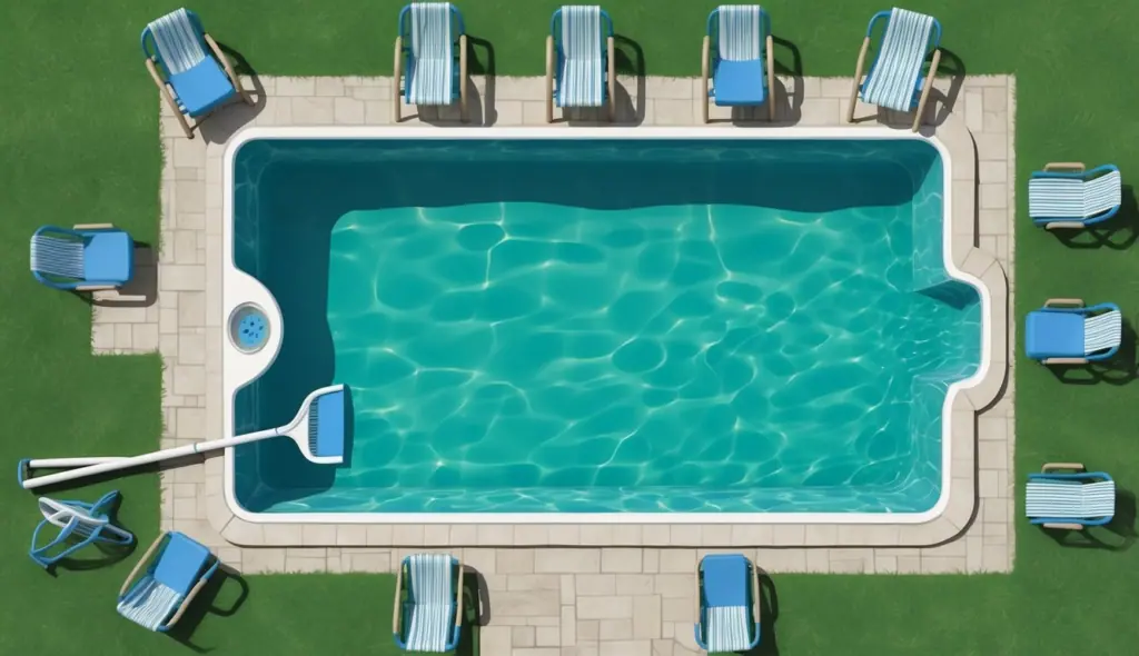 A green pool surrounded by empty pool chairs and a pool skimmer lying on the ground