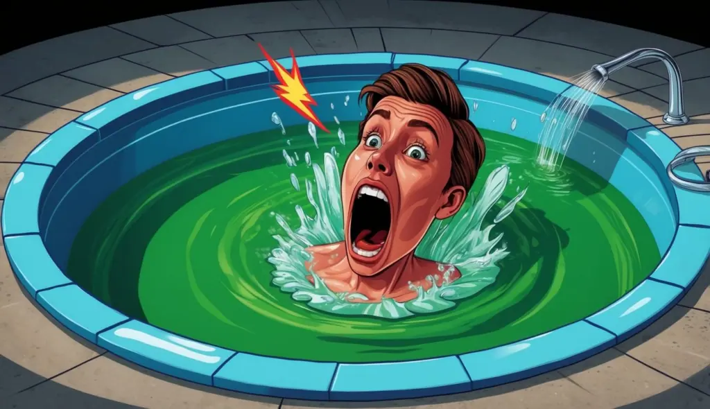 A green pool with a shocked reaction