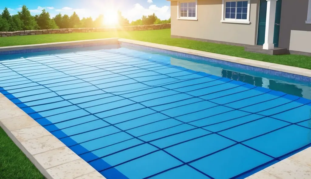 A pool with a blue solar cover floating on the water under the bright sun