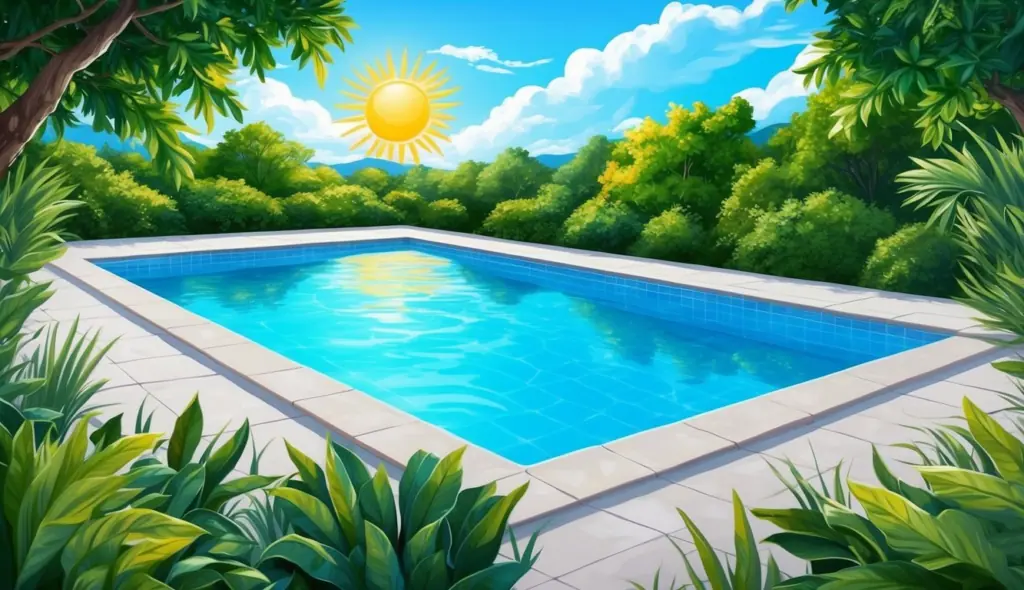 A pool with clear water, surrounded by lush greenery, under a sunny sky