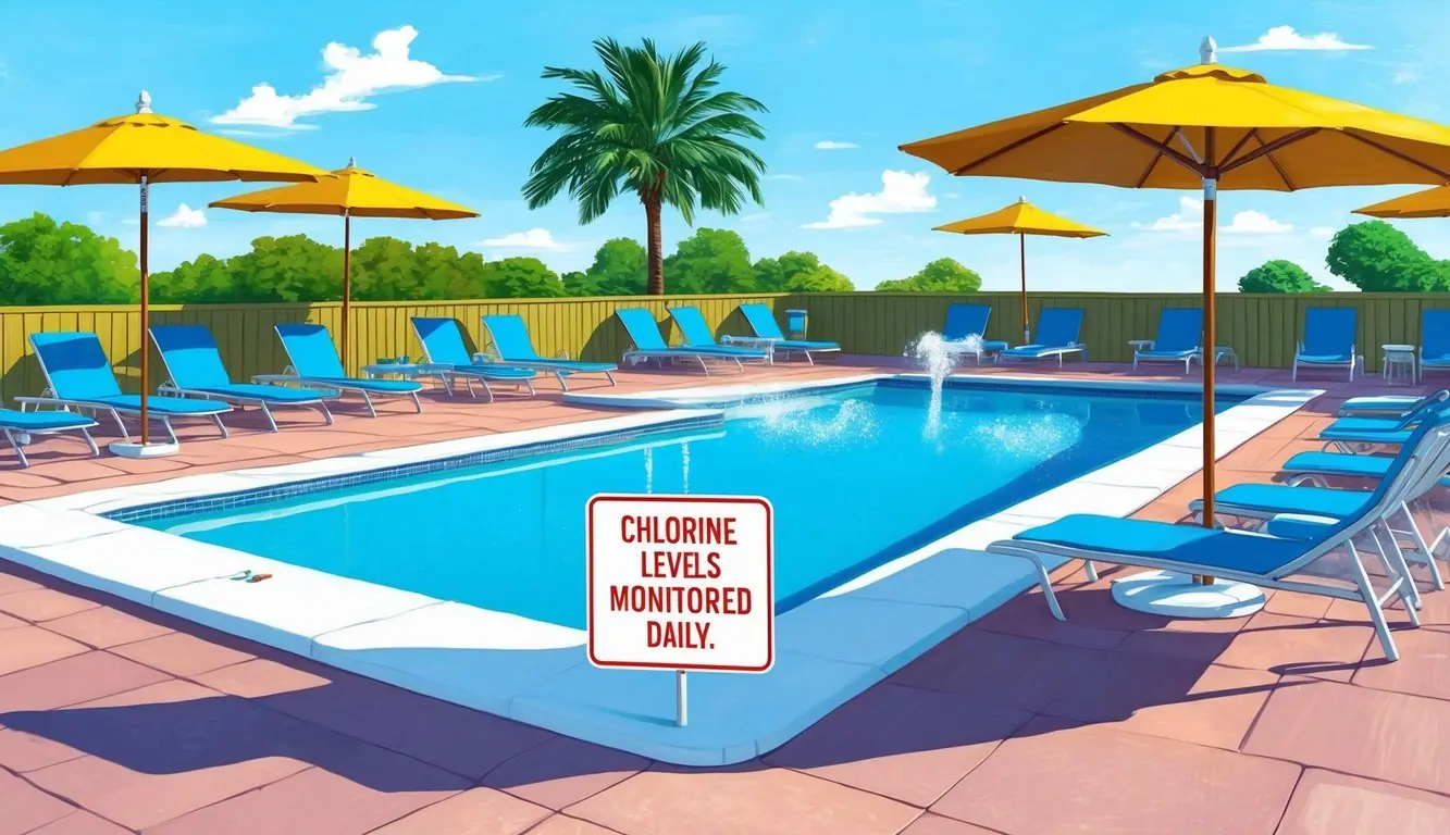 A pool with a strong chlorine smell, surrounded by lounging chairs and umbrellas, with a sign indicating "Chlorine Levels Monitored Daily."