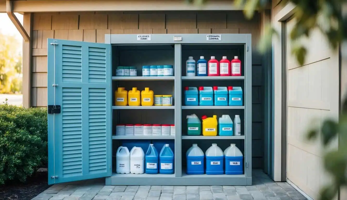 A sturdy, ventilated outdoor storage cabinet with labeled shelves for various pool chemicals, located away from direct sunlight and water sources