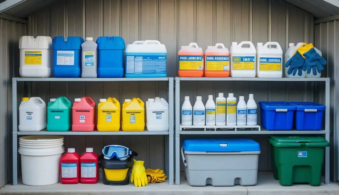 A storage shed with shelves holding various pool chemicals, neatly organized and labeled. Safety equipment such as gloves and goggles are also visible