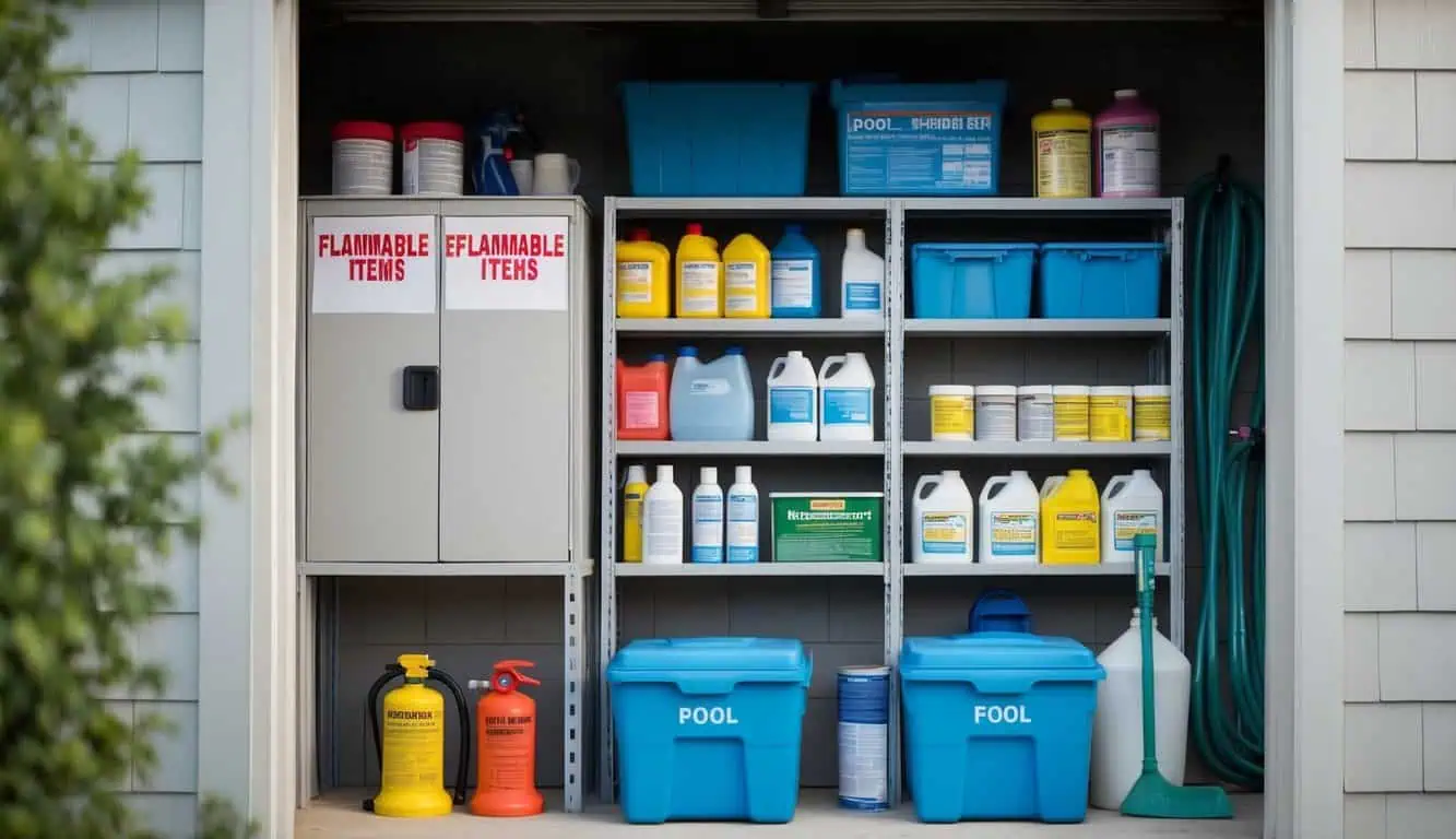 A neatly organized storage shed with shelves holding various pool chemicals and supplies. A labeled cabinet for flammable items is clearly marked