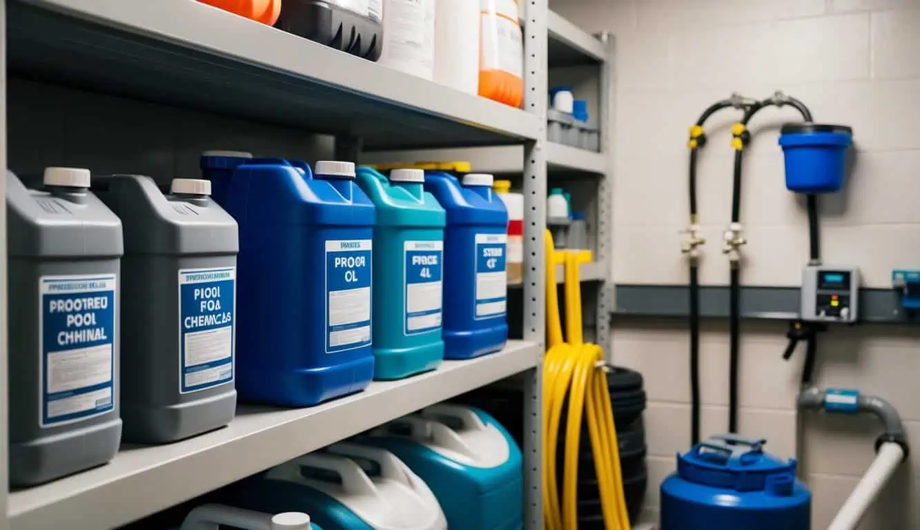 A storage area with shelves holding neatly organized containers of pool chemicals, with clear labels and proper safety equipment nearby