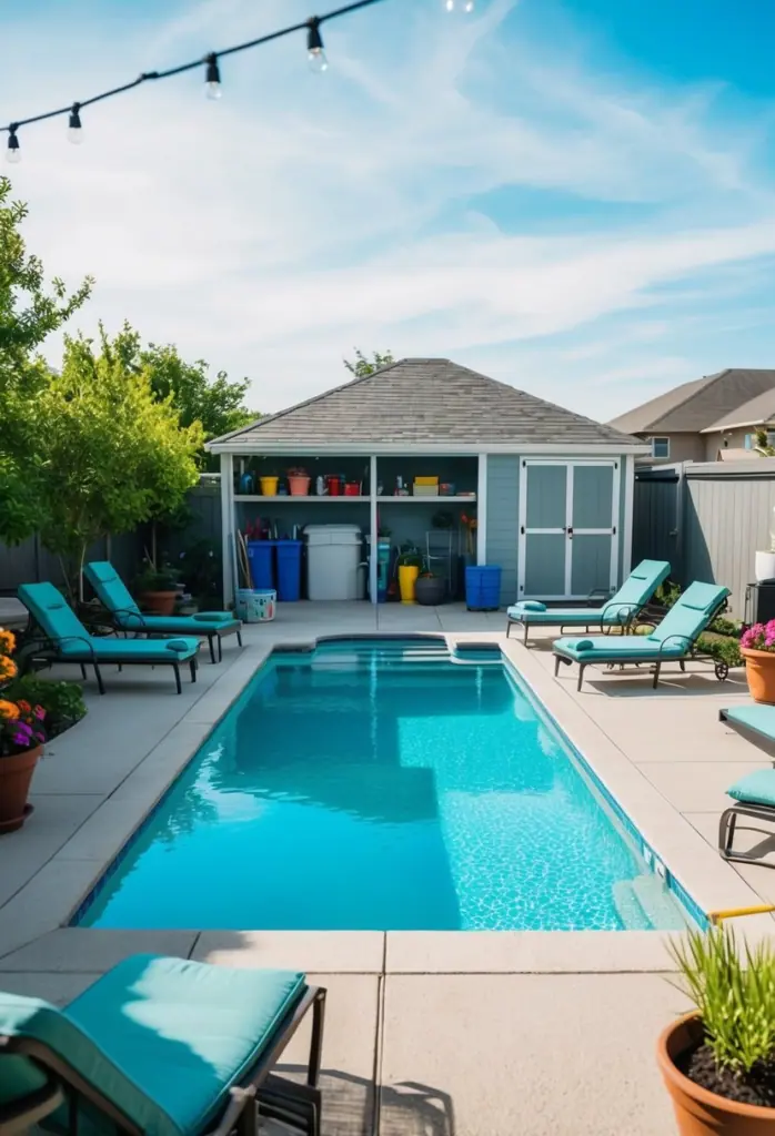 A sunny backyard with a sparkling pool surrounded by lounge chairs, potted plants, and a storage shed filled with pool maintenance supplies