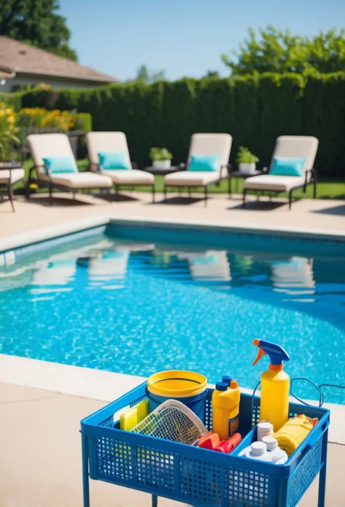 A sunny backyard with a sparkling pool surrounded by lounge chairs, a cleaning net, and various maintenance supplies neatly organized on a nearby table