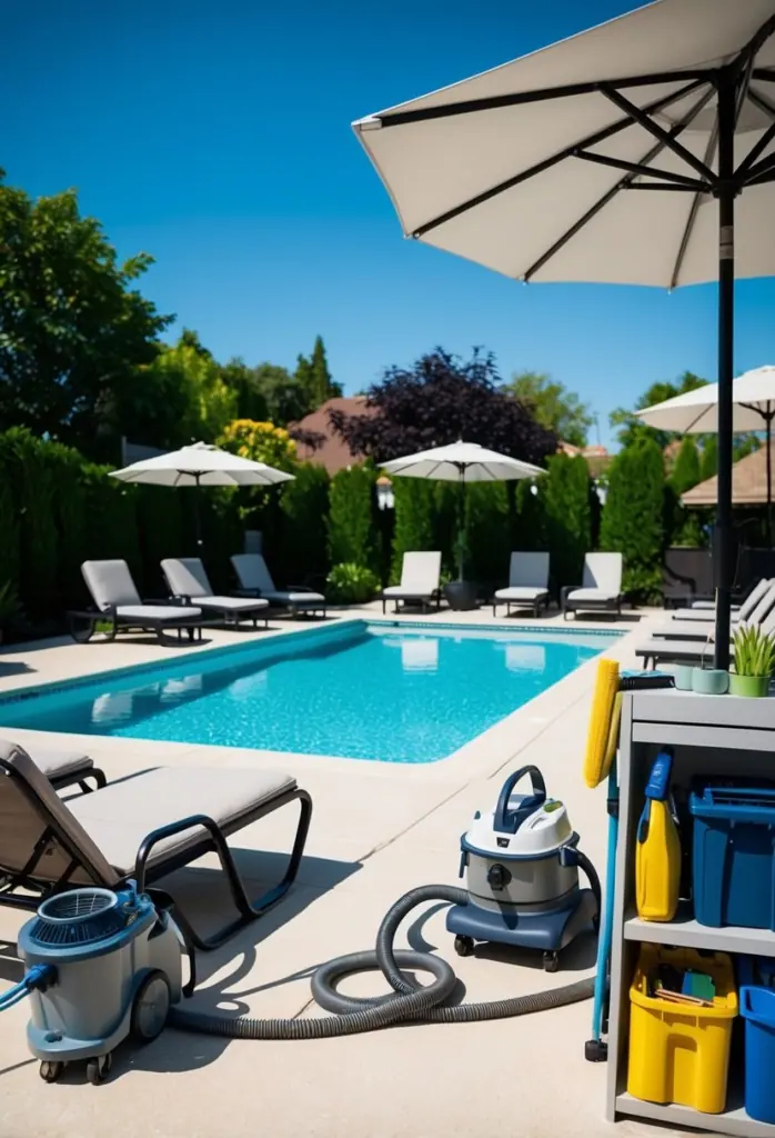 A sunny backyard with a sparkling pool, surrounded by lounge chairs and umbrellas. A skimmer and vacuum sit nearby, ready for use. A hose and cleaning supplies are neatly organized on a shelf