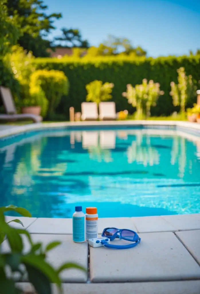 A backyard pool with clear, blue water, surrounded by lush greenery and a small test kit and chemicals nearby