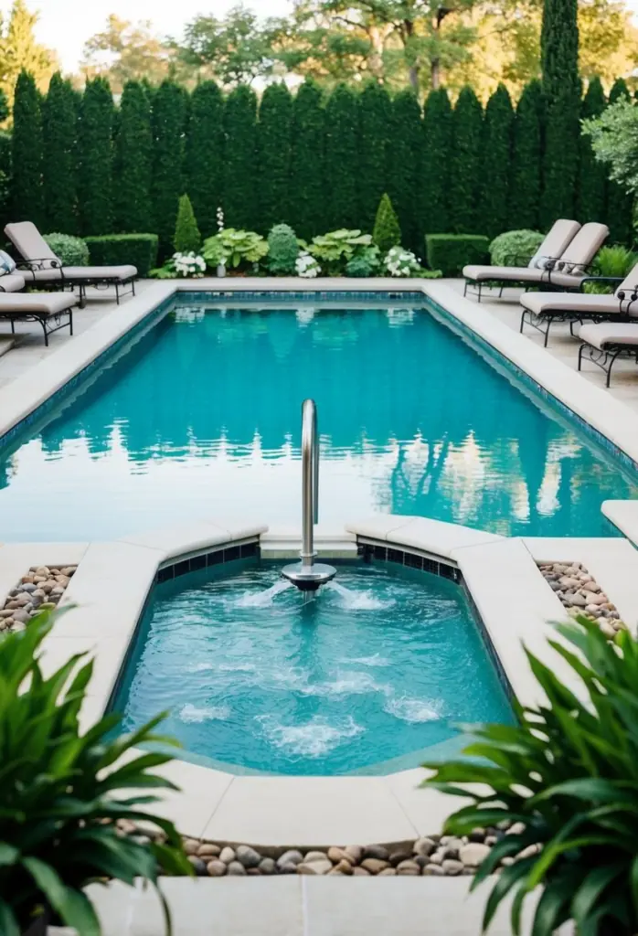 A backyard pool with a functioning filtration and circulation system, surrounded by lounge chairs and lush landscaping