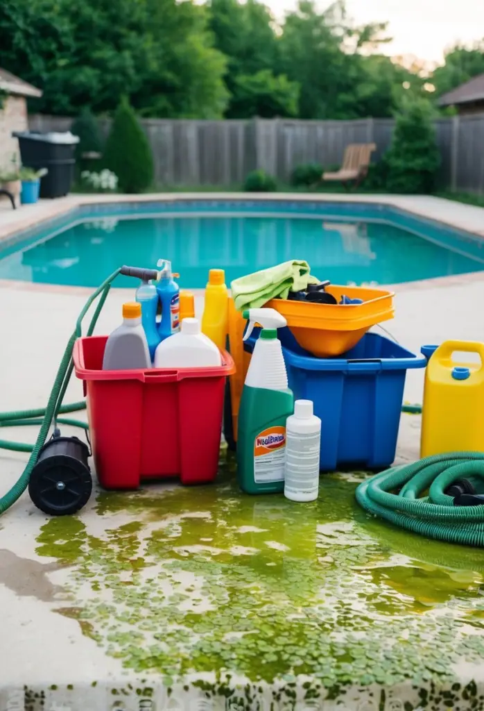 A backyard pool with algae growth, surrounded by cleaning supplies and equipment for maintenance