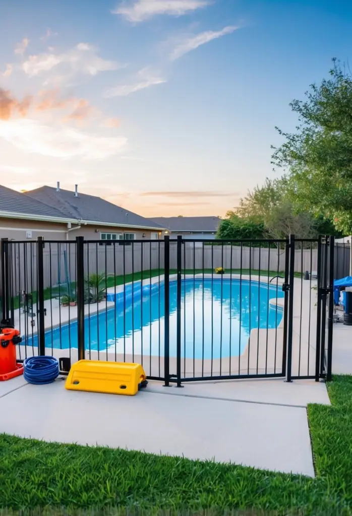 A backyard pool with a clean and well-maintained appearance, including a secure fence and safety equipment such as a pool cover and rescue equipment nearby