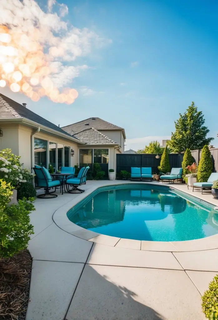 A sunny backyard with a clean pool deck, surrounded by well-maintained landscaping and outdoor furniture