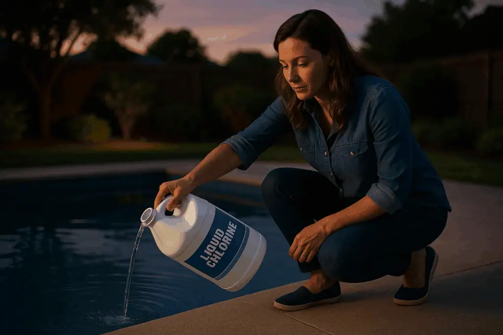image of a woman pouring liquid chlorine from a gallon liquid chlorine container into a backyard pool at dusk