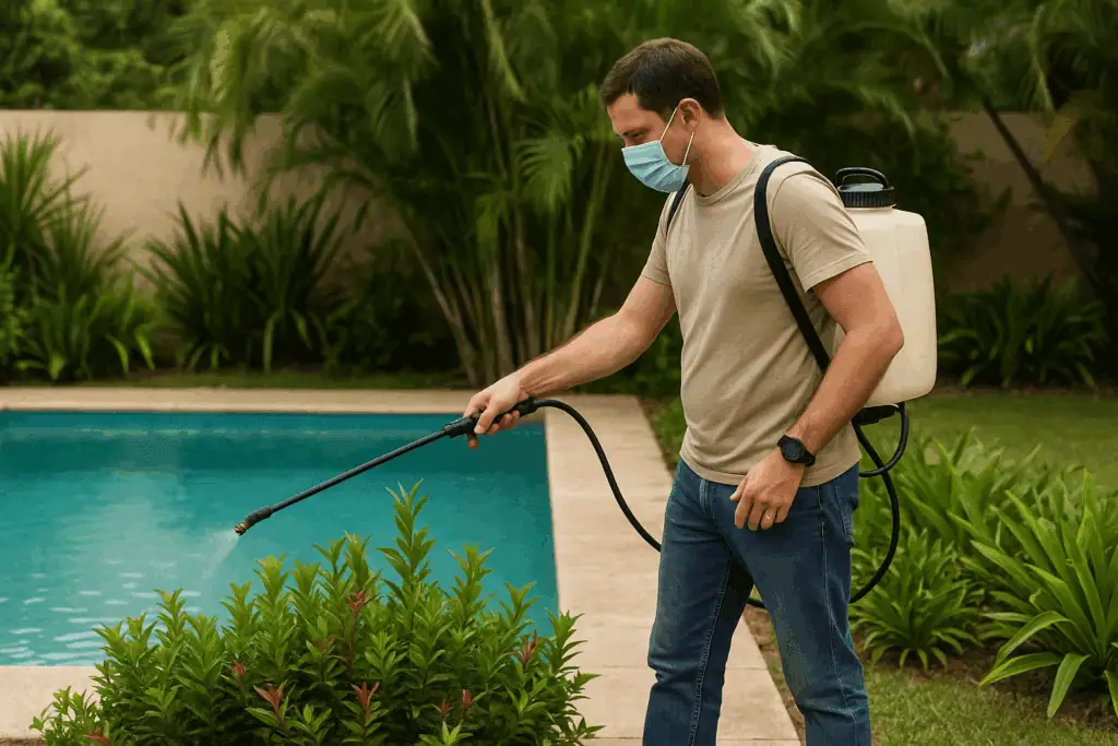 a person spraying pest control around the pool area