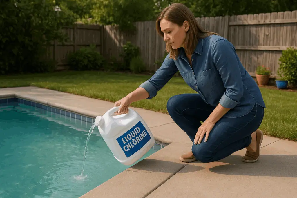 woman pouring liquid chlorine into a pool