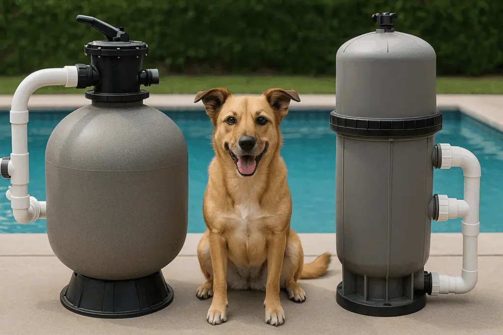 a pool sand filter next to a pool cartridge filter  with a happy medium size mongrel dog sitting between them