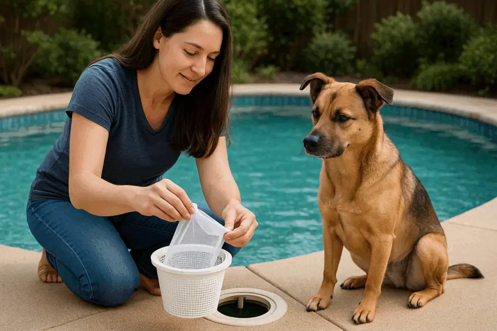a woman fitting a skimmer sock to a pool skimmer basket with her medium size mongrel dog sitting next to her watching