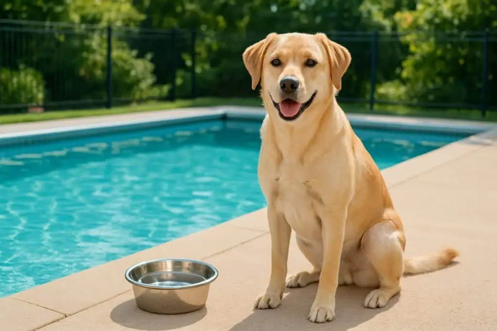 A healthy dog sitting next to a clean swimming pool with a water bowl nearby on a sunny day.
