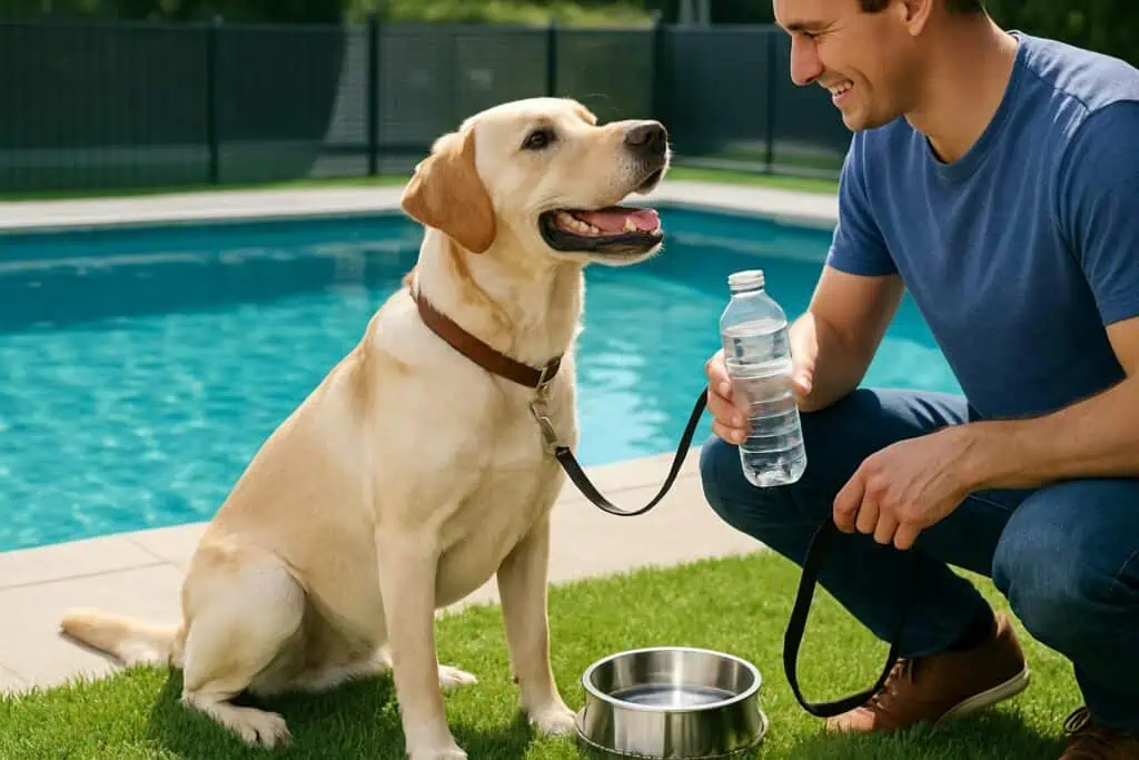 A dog sitting next to a swimming pool with its owner offering fresh water in a bowl.