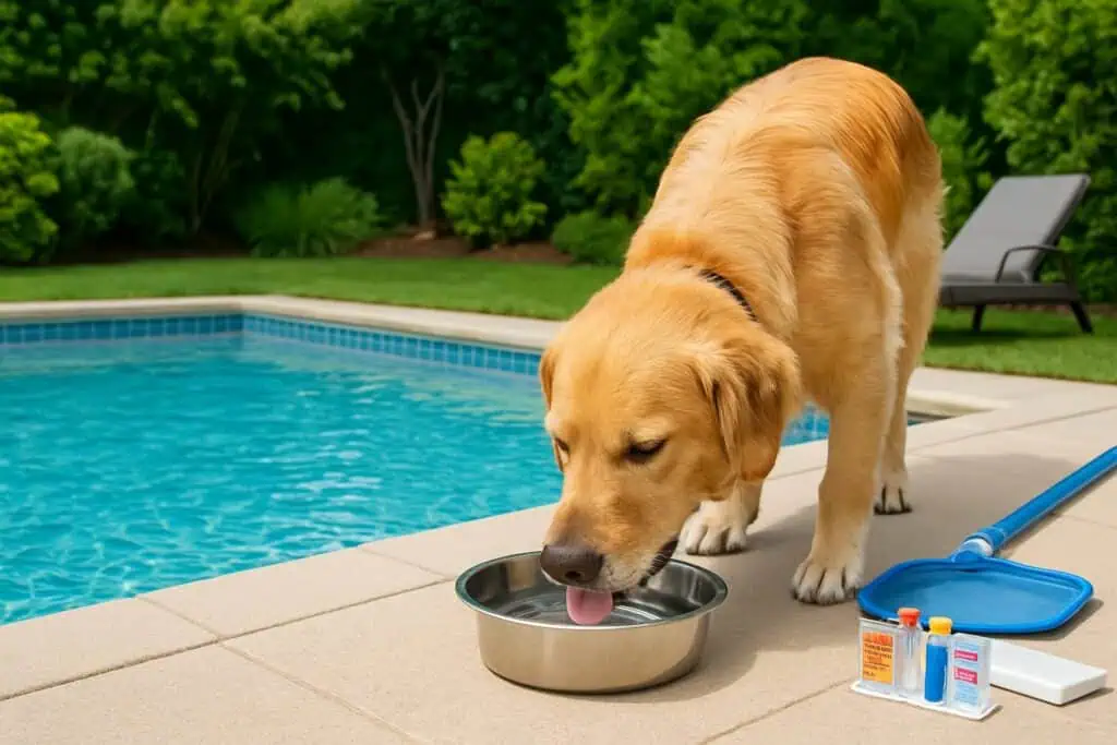 A dog drinks from a water bowl beside a clean swimming pool in a backyard with pool maintenance tools nearby.