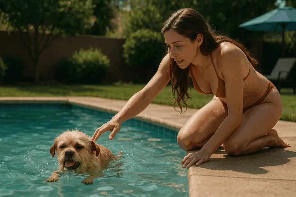 a small dog swimming in a backyard pool looking overheated while a woman in a bikini kneeling on the side reaches out to help it.