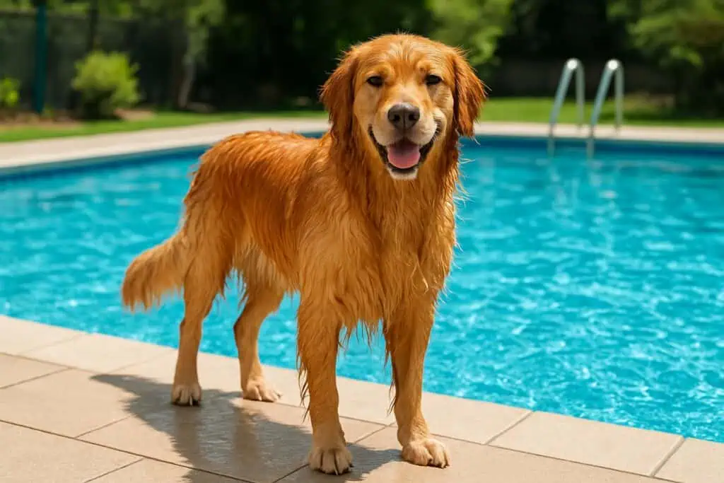 A wet golden retriever standing by the edge of a clear blue swimming pool on a sunny day.