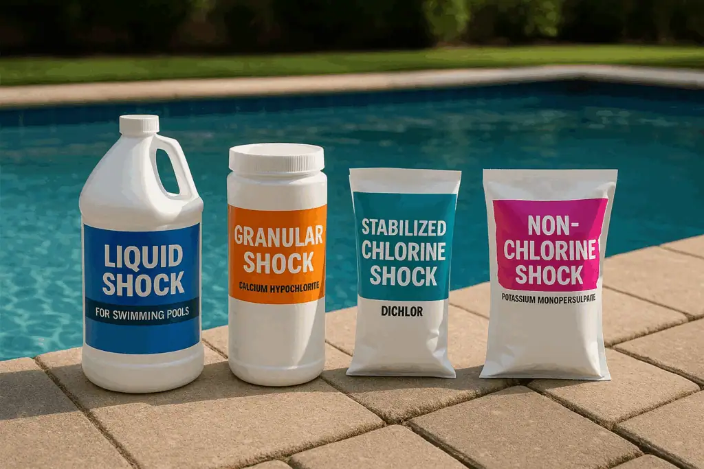 different pool shocks sitting beside a pool - including liquid shock, granular shock (calcium hypochlorite), stabilized chlorine shock (dichlor) and non-chlorine shock (potassium monopersulfate)
