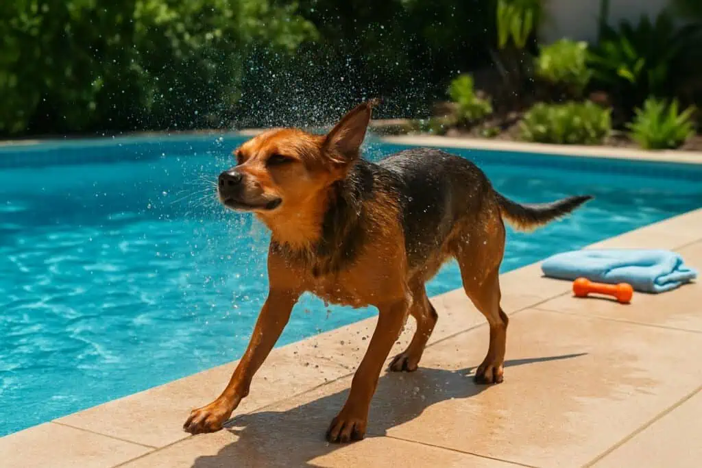A wet dog shaking off water while standing next to a clear blue swimming pool on a sunny day.