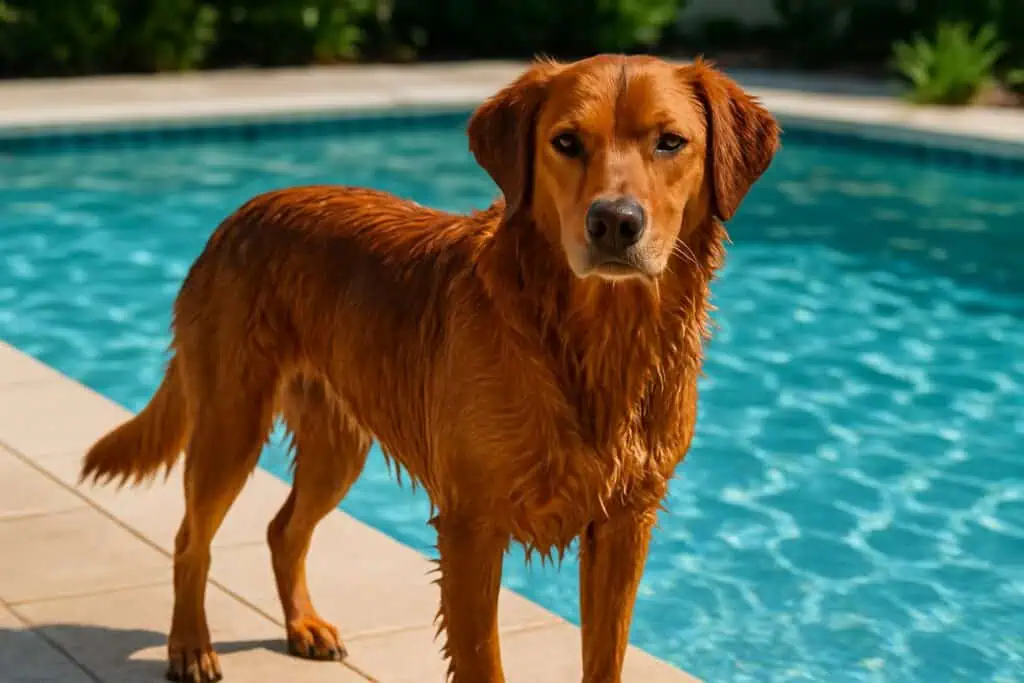 A wet dog with a shiny coat standing beside a clear swimming pool on a sunny day.