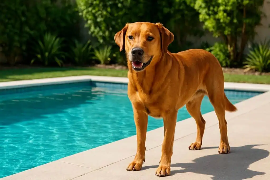A healthy dog with a shiny coat standing next to a clear swimming pool in a sunny backyard.