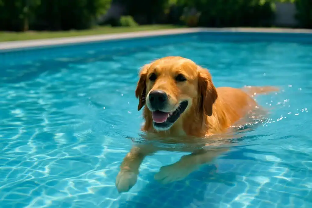 A golden retriever swimming happily in a clean, clear pool with blue water on a sunny day.