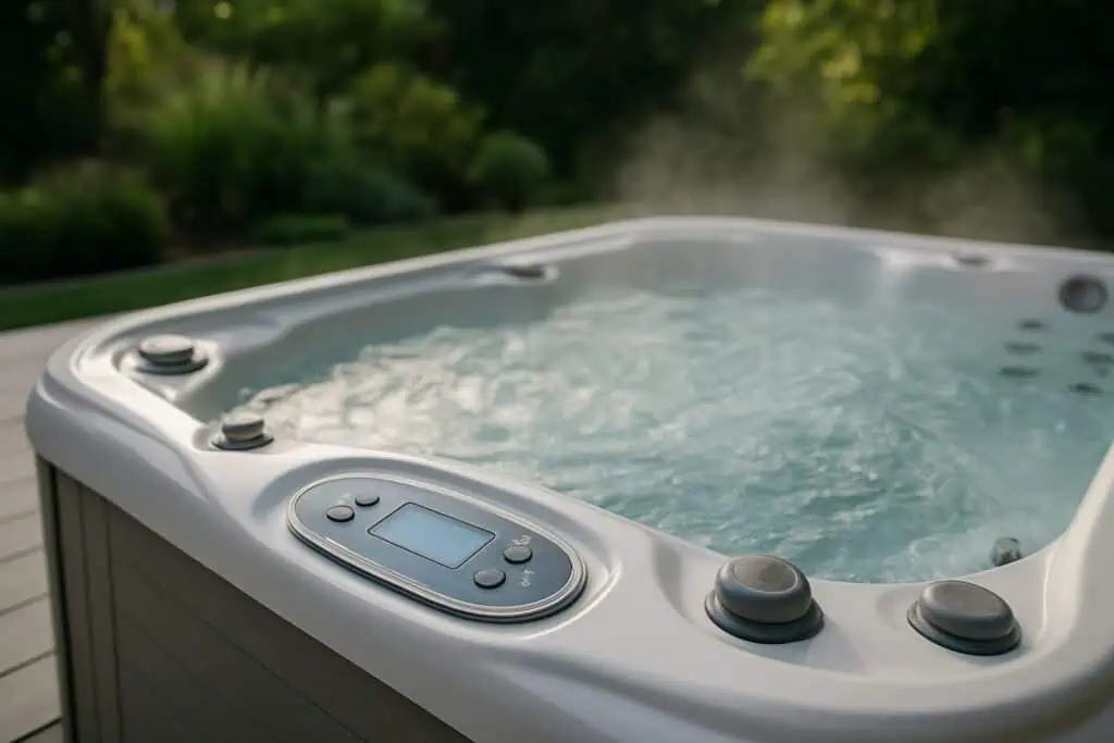 a hot tub that has just been filled in beautiful tropical backyard with the jets running