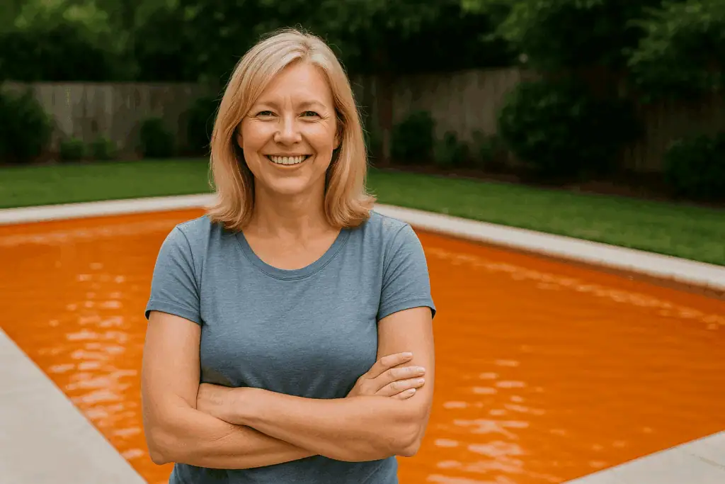 a blonde woman in her 40s smiling with her arms crossed while standing in front of her backyard pool with orange water in it