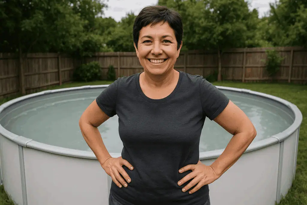 a short dark-haired woman in her 40s smiling with her hands on her hips while standing in front of her round above-ground backyard pool with cloudy water in it