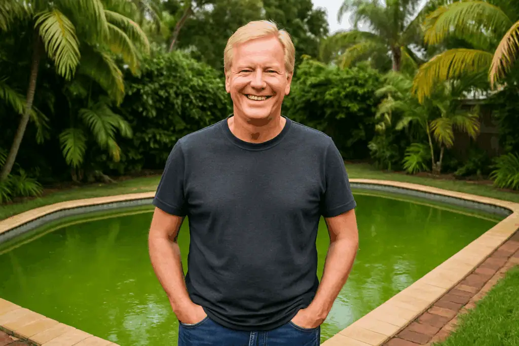 a blonde man in his 50s smiling with his hands in his pockets while standing in front of his tropical backyard pool with green algae water in it