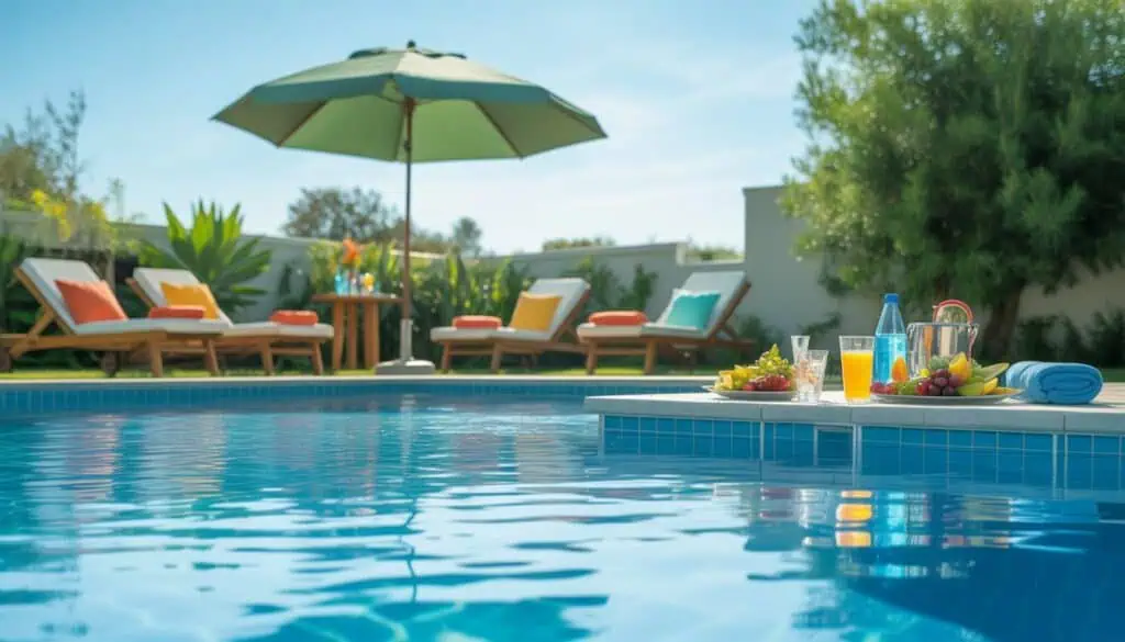A clean swimming pool with lounge chairs, a shaded table with drinks and fruit, surrounded by green plants in a backyard.