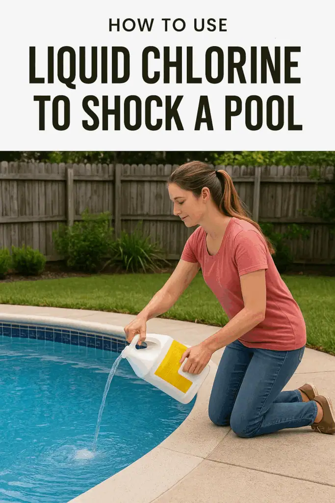 Pinterest pin showing a woman pouring liquid chlorine into her pool