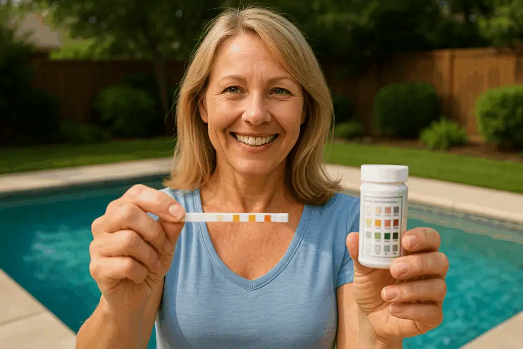 a blonde woman in her 40s smiling holding out in front of her a pool test strip in one hand and the strip container in the other while standing in front of her backyard pool