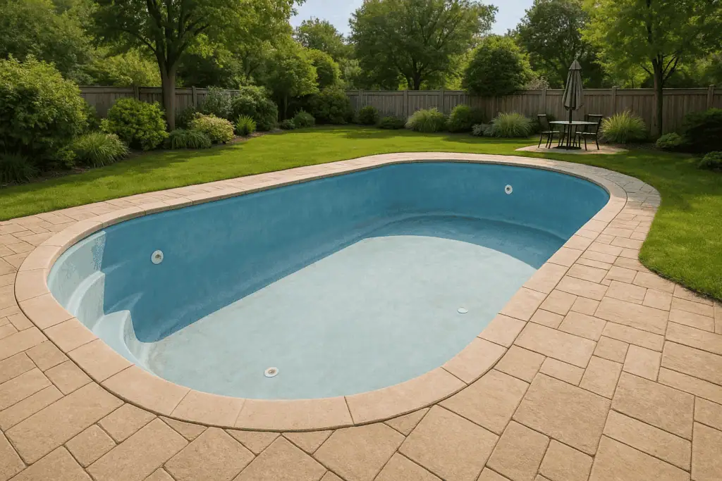 an inground fiberglass pool in a lovely backyard that has been emptied