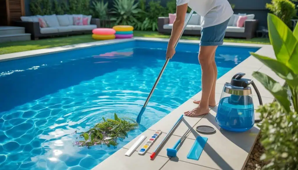 Person cleaning a swimming pool with a skimmer in a sunny backyard surrounded by plants and patio furniture, preparing the pool for a party.