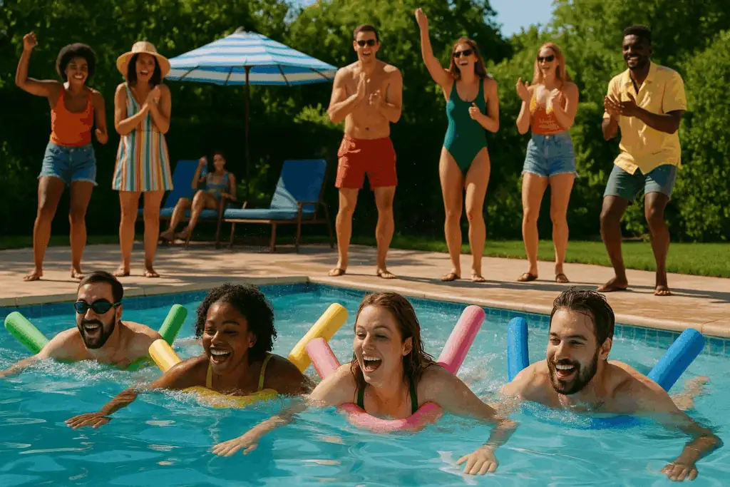 People swiming with a pool noodle under their arms during a colorful pool noodle relay race at a sunny outdoor pool party with a few people watching and cheering