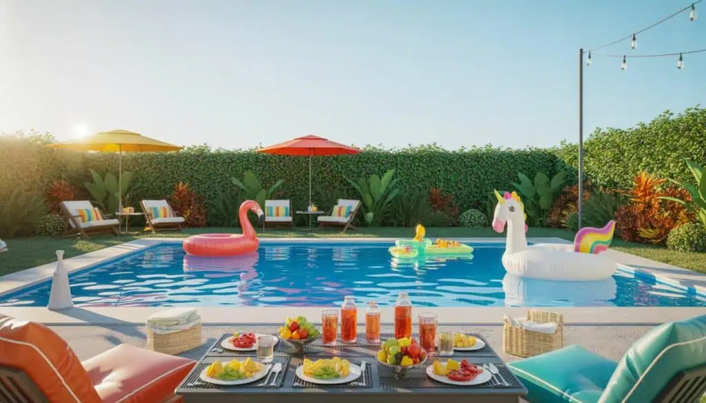 A sunny backyard pool with clear water, lounge chairs, umbrellas, colorful plants, and pool floats, set up for a pool party.