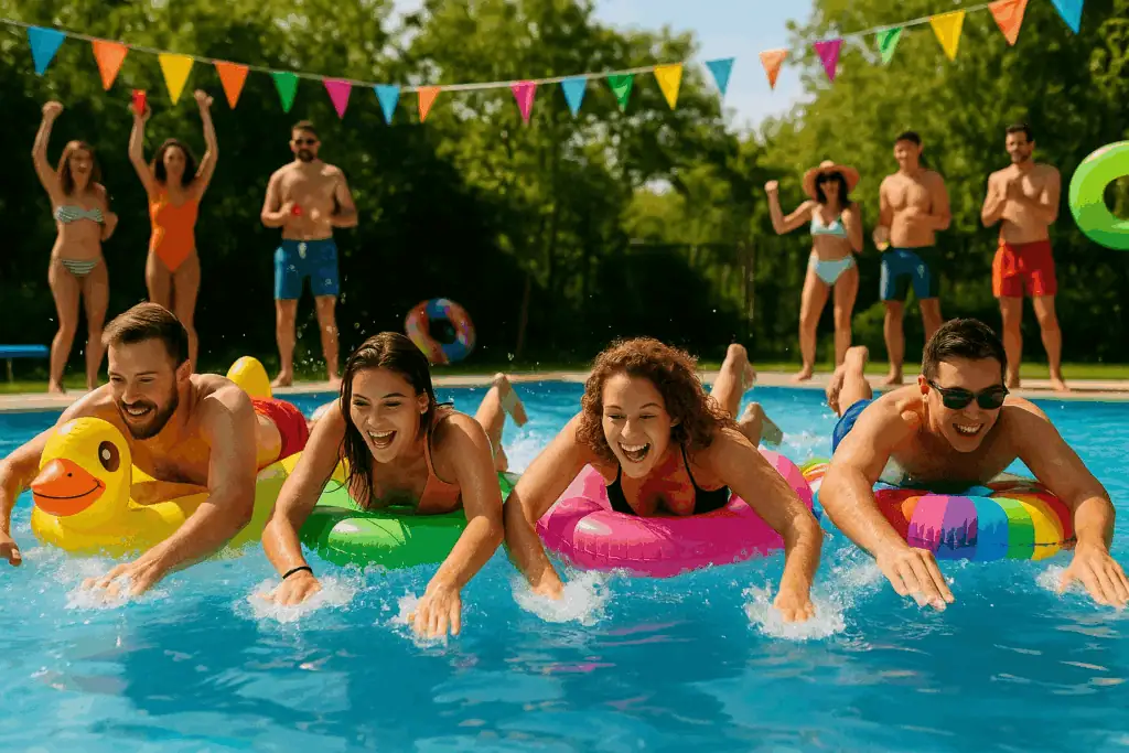 People racing on colorful inflatable pool floats in a sunny outdoor swimming pool during a lively pool party.
